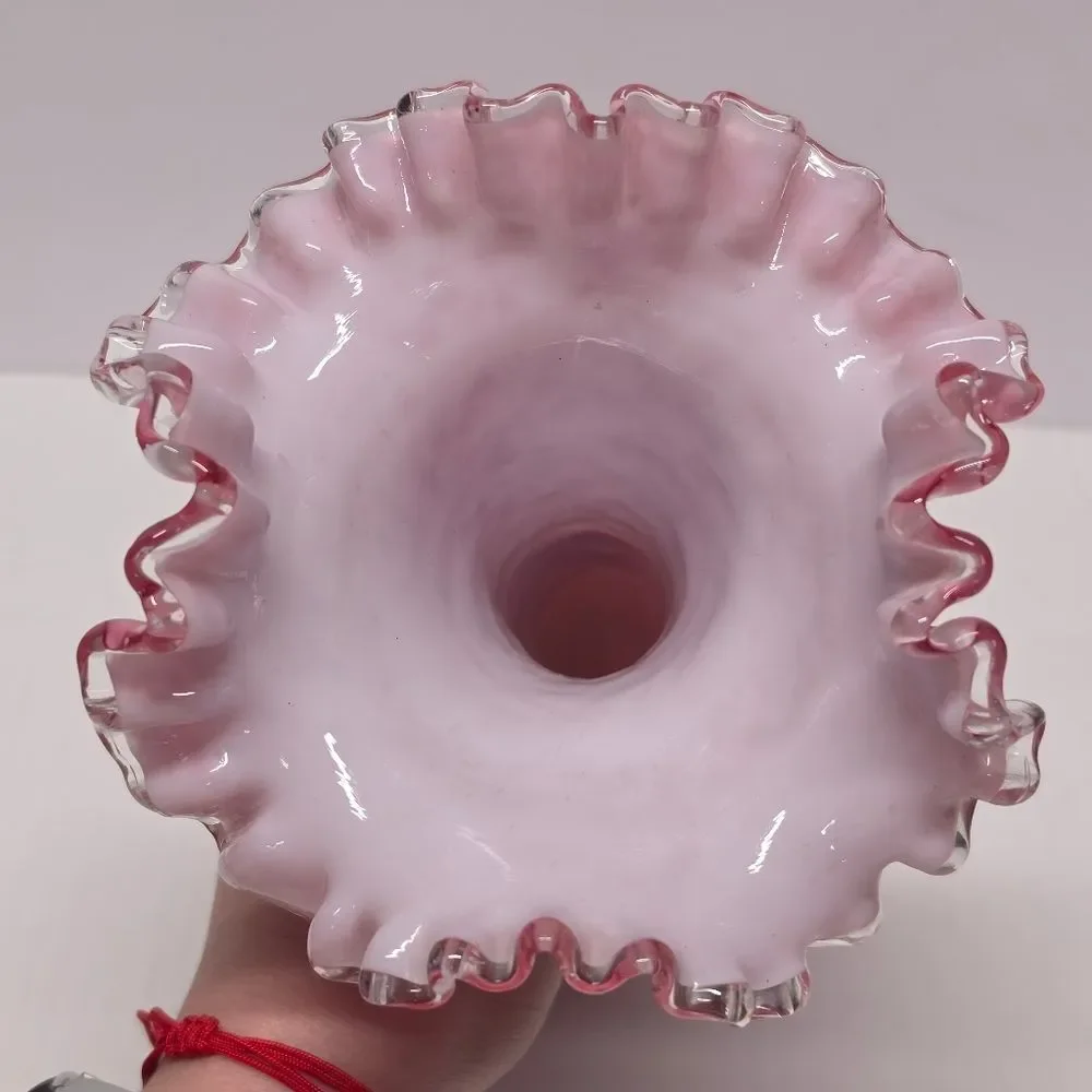 Antique Pink Ruffled Spangle Glass Silver Mica Flakes Vase Stevens & Williams